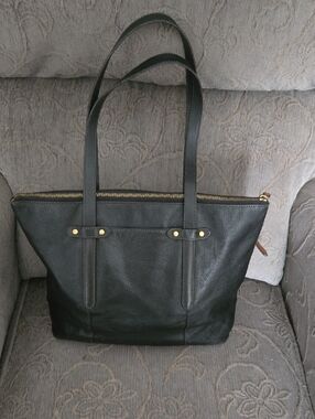 Fossil Black Leather Zip-Top Tote with Gold Hardware